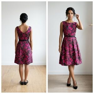 Jessica Howard Women’s Sz 12 Fuchsia and Black Floral Fit-and-Flare Midi Dress
